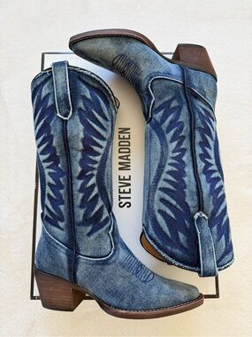 Steve Madden Blue Denim Embroidered Western Knee Boots